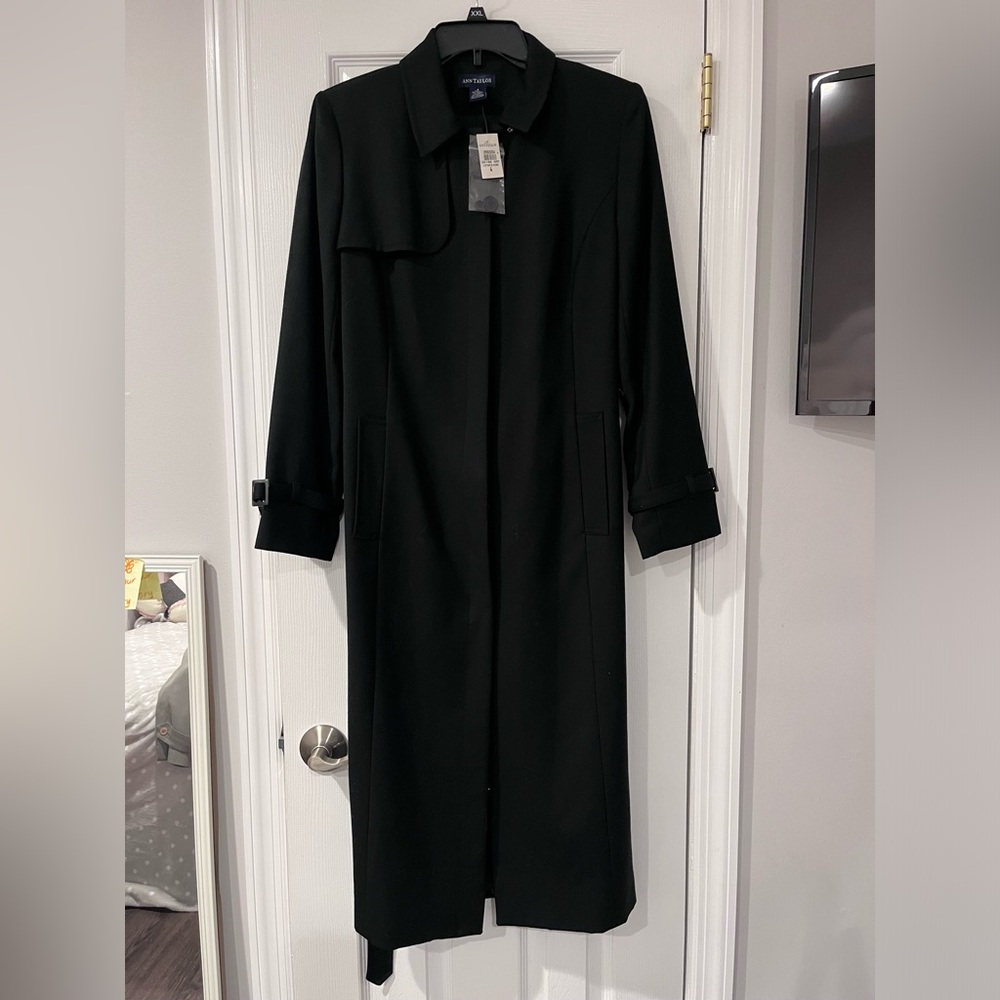 Ann Taylor Black Long Trench Coat with Belt